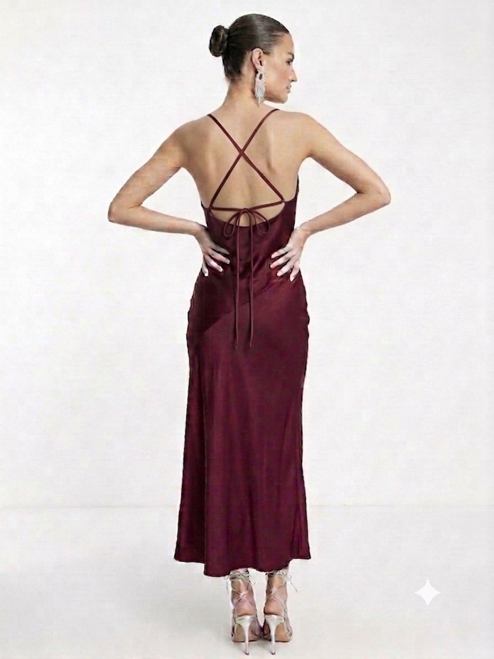Ever New Satin Slip Maxi Dress in Burgundy red with Thigh Slit - Picture 5 of 7